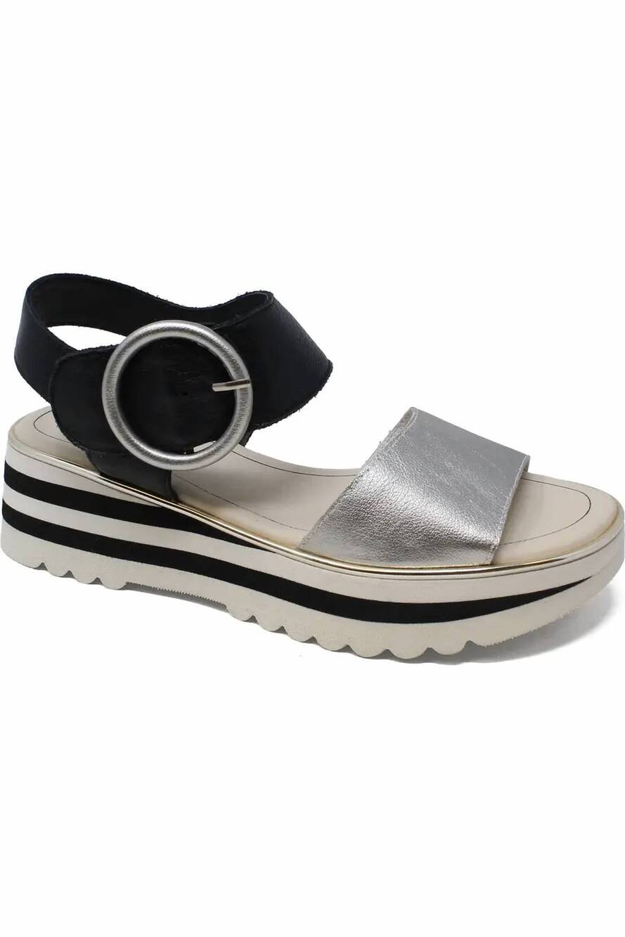 NEW DJANGO & JULIETTE women's harlows platform sandal in argento-black leather